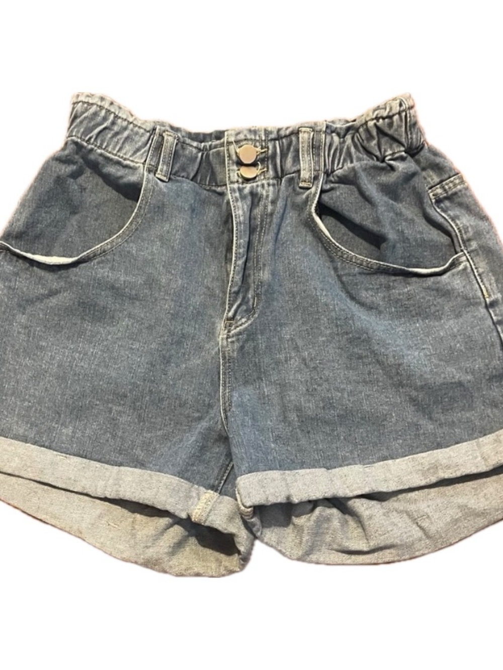 SHEIN Medium Blue Paperbag Waist Rolled Hem Denim Shorts